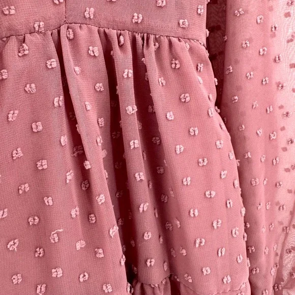 Trixxi Mauve Swiss Dot Tiered Mini Dress High Ruffle Neck Long Sleeve Women's M - Picture 10 of 13